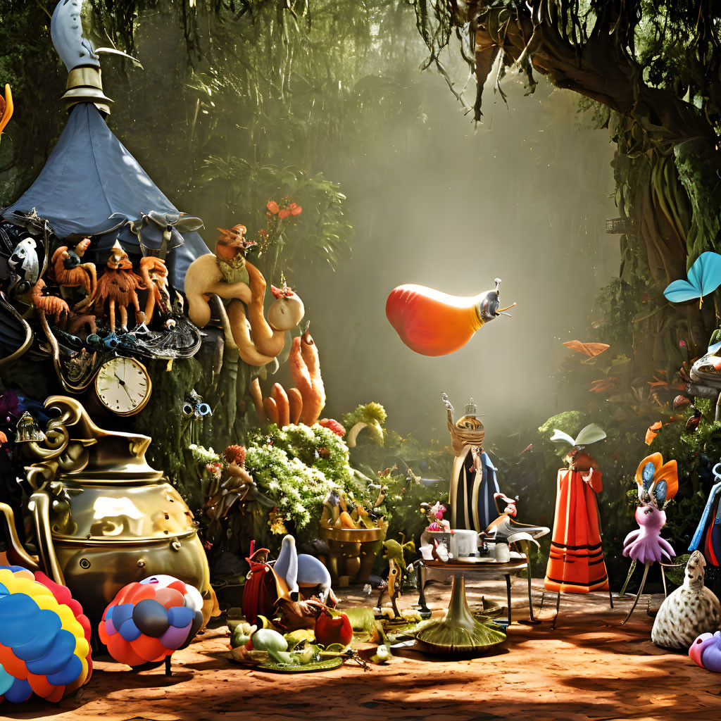 Colorful Anthropomorphic Animals in Whimsical Forest Tea Party