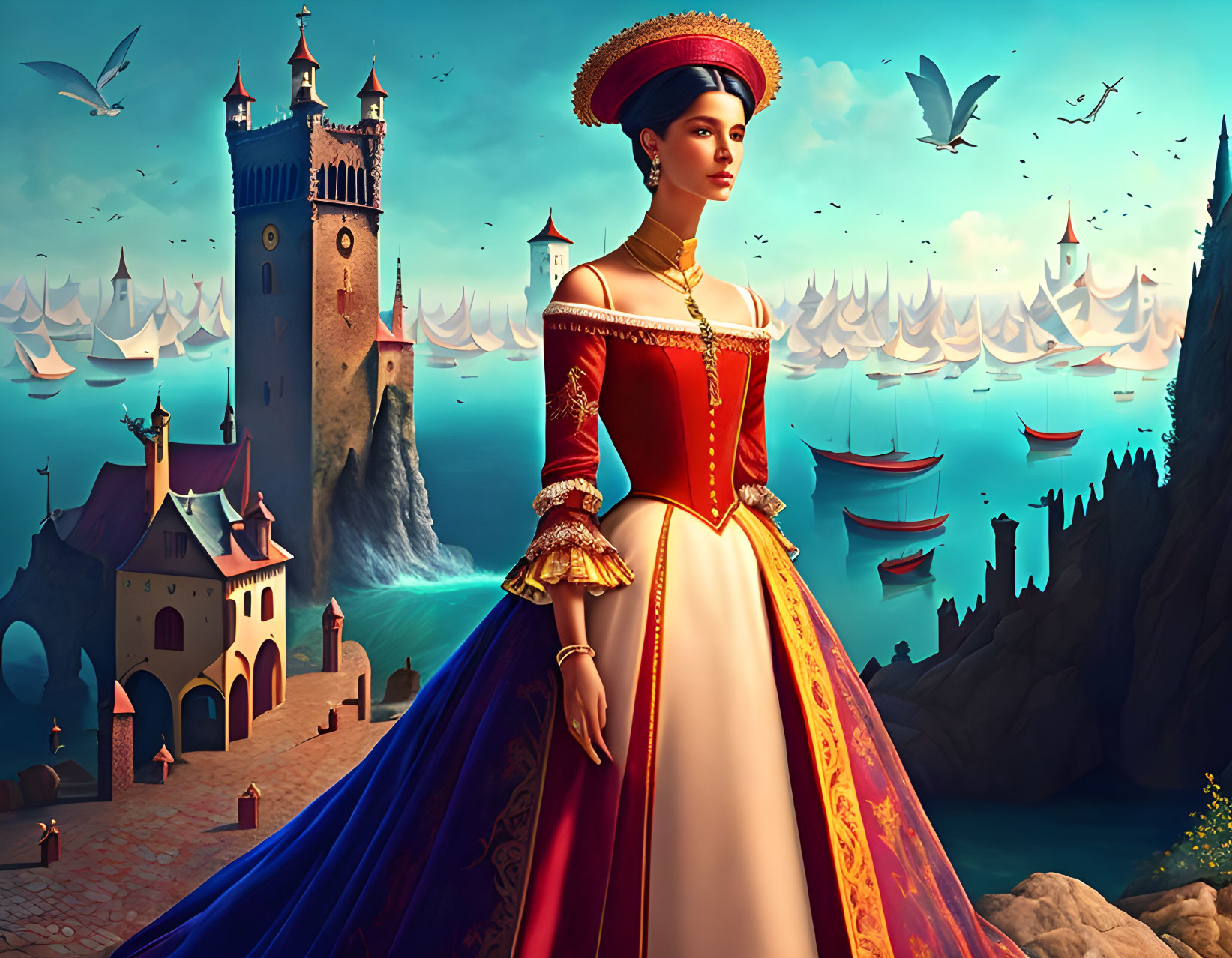 Historical dress woman in regal pose by coastal scene with castles and ships