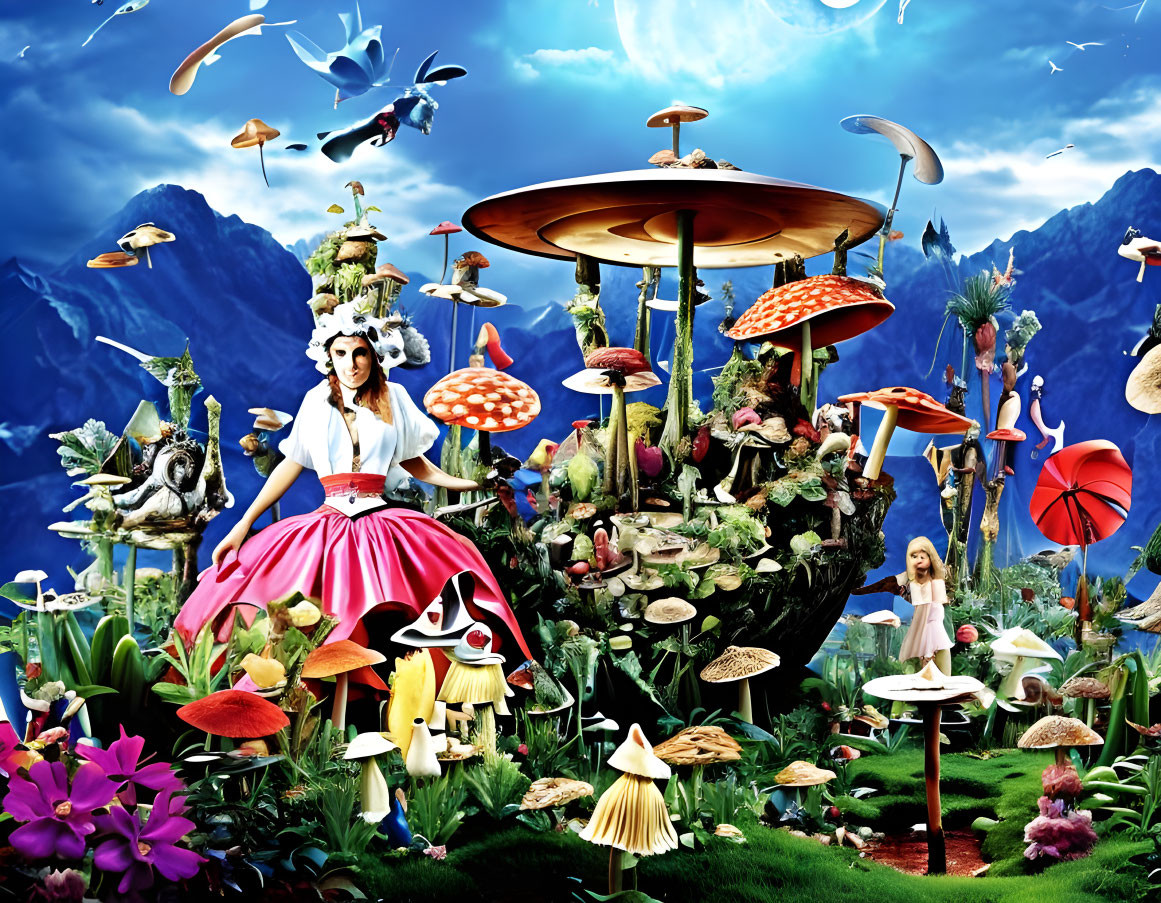 Fantasy scene with oversized mushrooms, tropical flowers, and butterflies