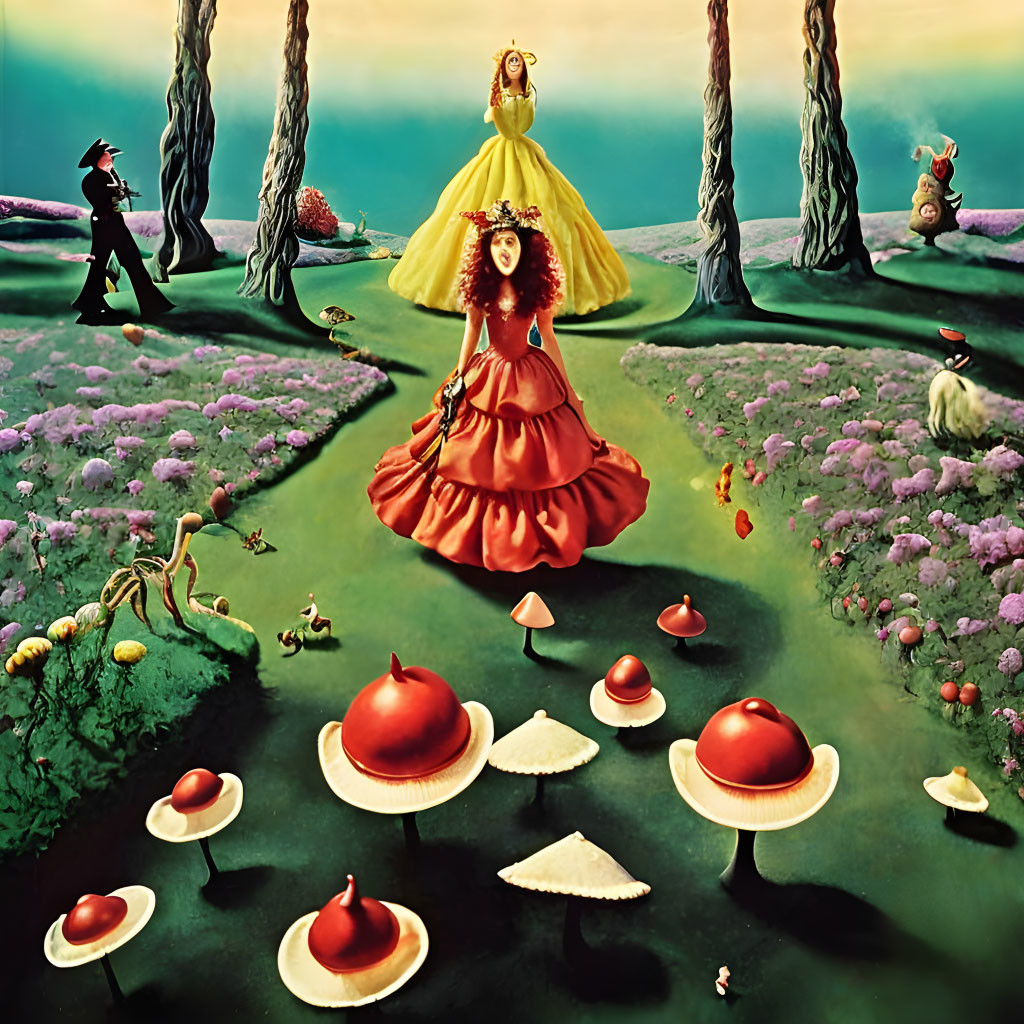 Surreal landscape featuring woman, mushrooms, and rabbits