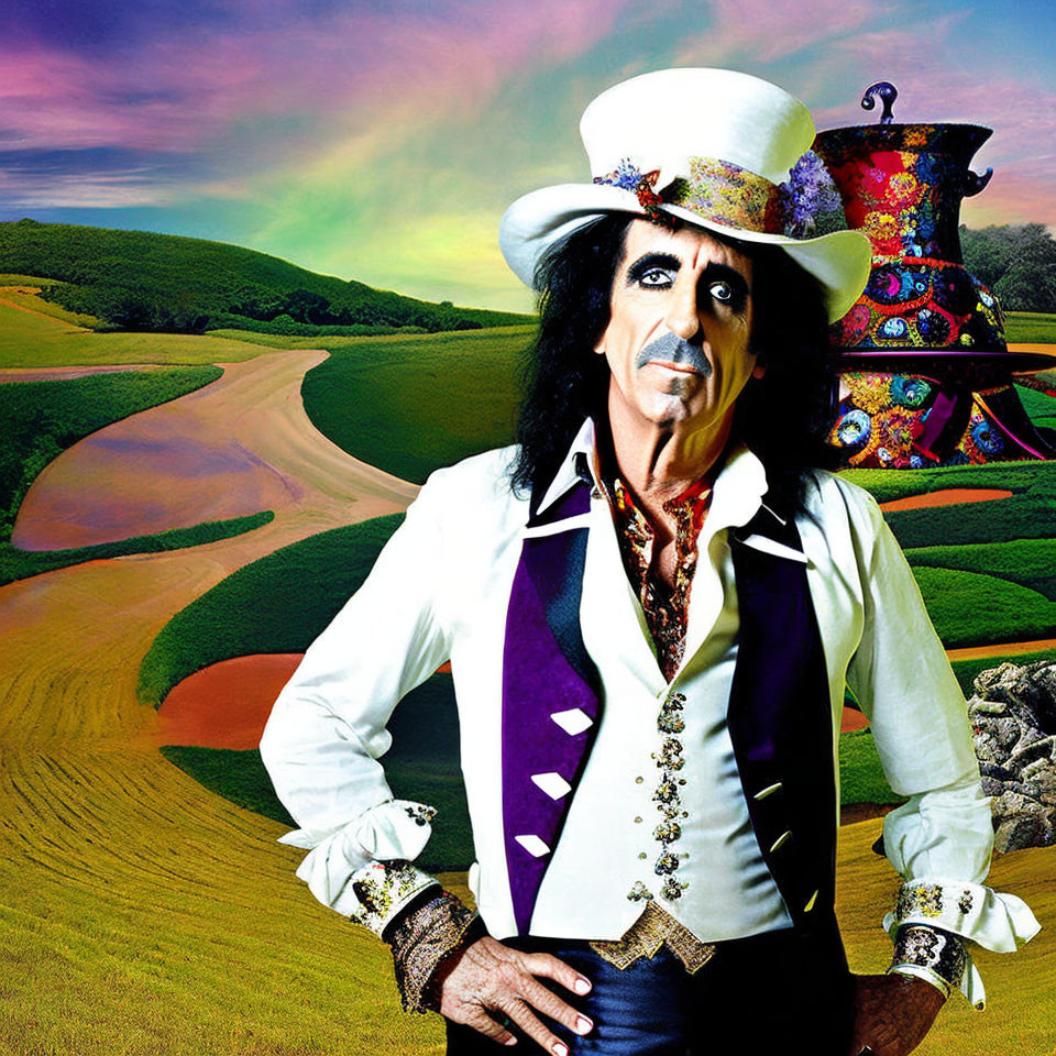 Person with dark eye makeup and black goatee in colorful top hat, white shirt, purple vest,