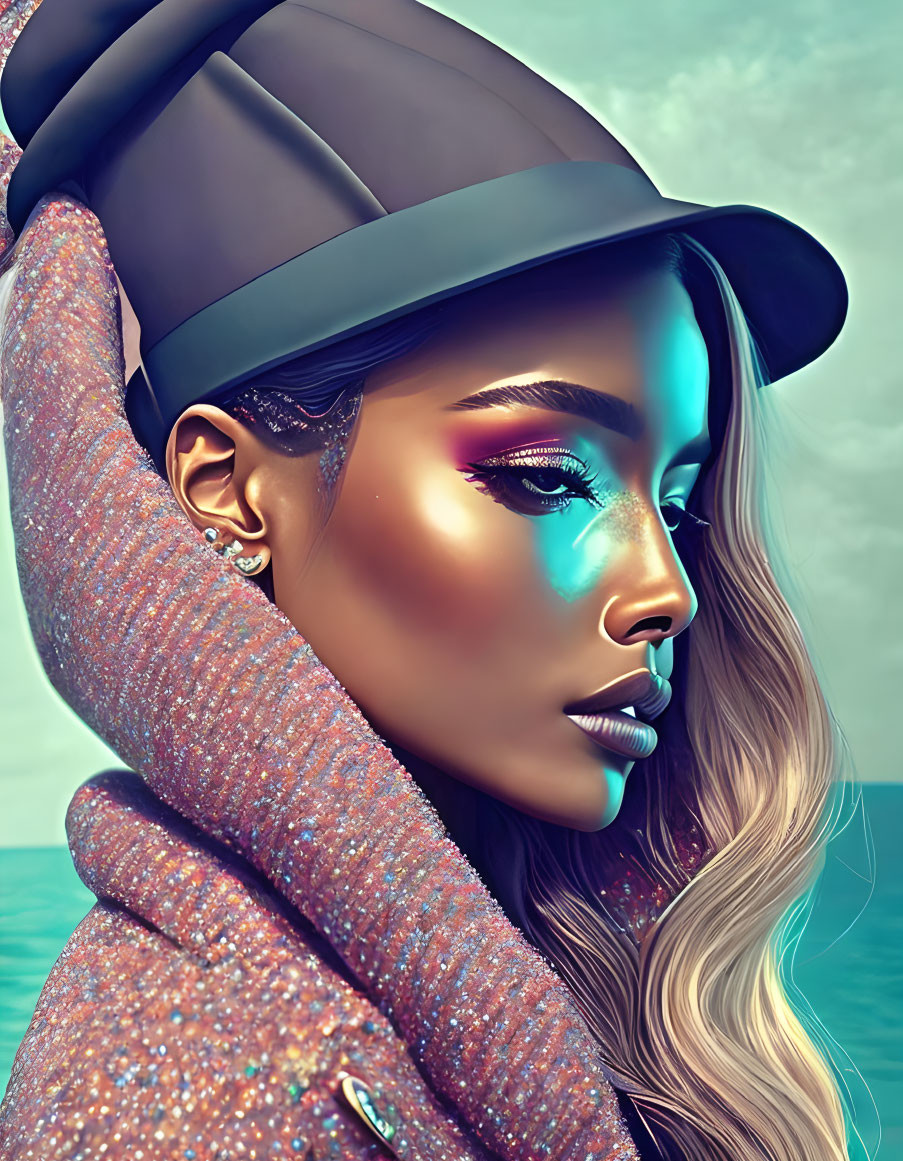 Colorful woman portrait with hat, glittery jacket, and ocean background.