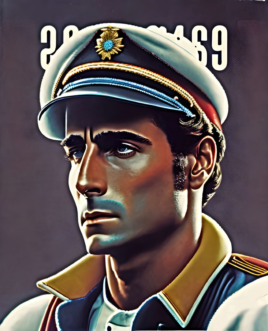 Stylized portrait of man in captain's uniform with emblem cap.