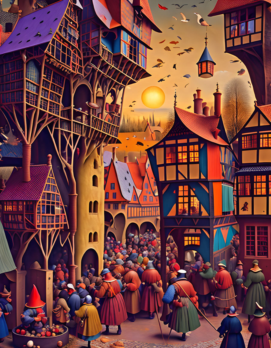 Colorful Medieval Festival Illustration with Townsfolk and Traditional Houses