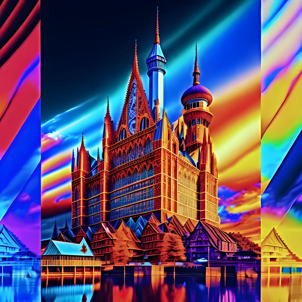 Fantastical castle artwork with neon colors and striped background