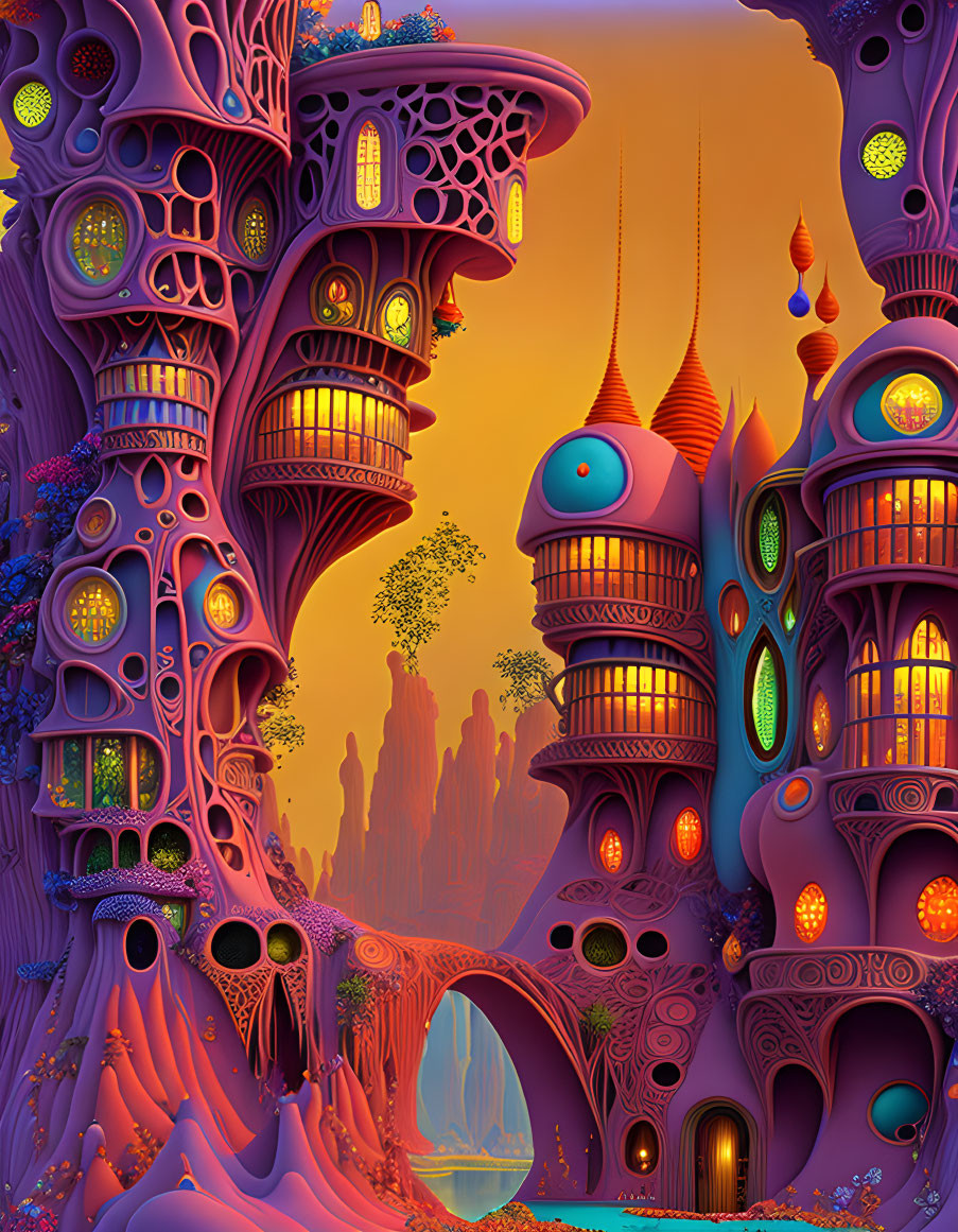 Surrealist landscape: whimsical tree-like towers under purple sky