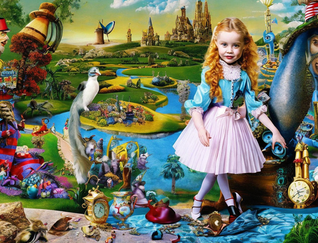 Young girl in whimsical outfit in vibrant fantasy landscape