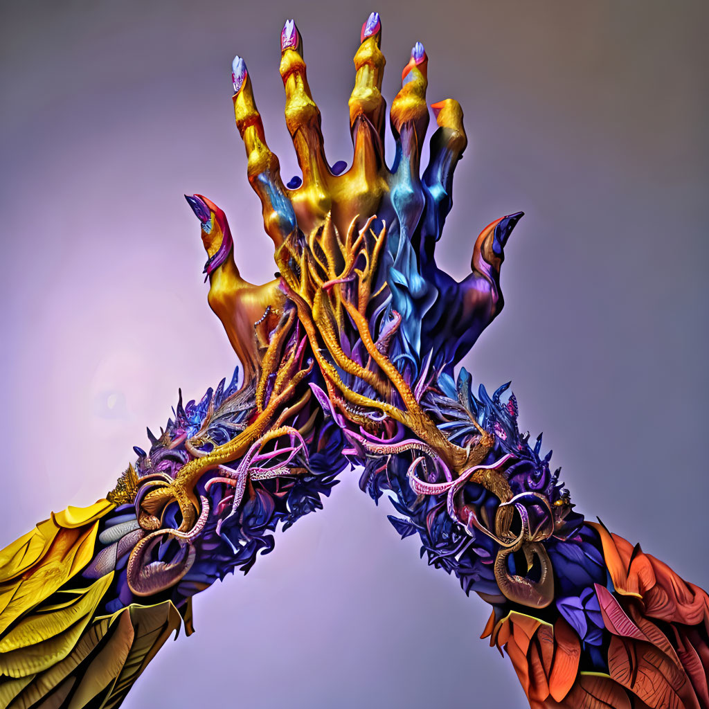 Colorful digital artwork: Intertwined hands with flames, feathers, and rings on gradient backdrop