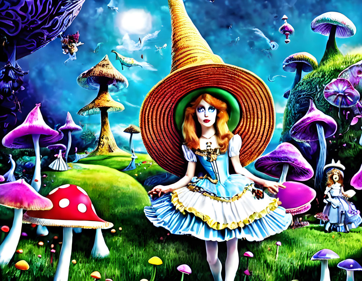 Colorful fantasy illustration of girl in blue dress with oversized hat among vibrant mushrooms and jellyfish in surreal