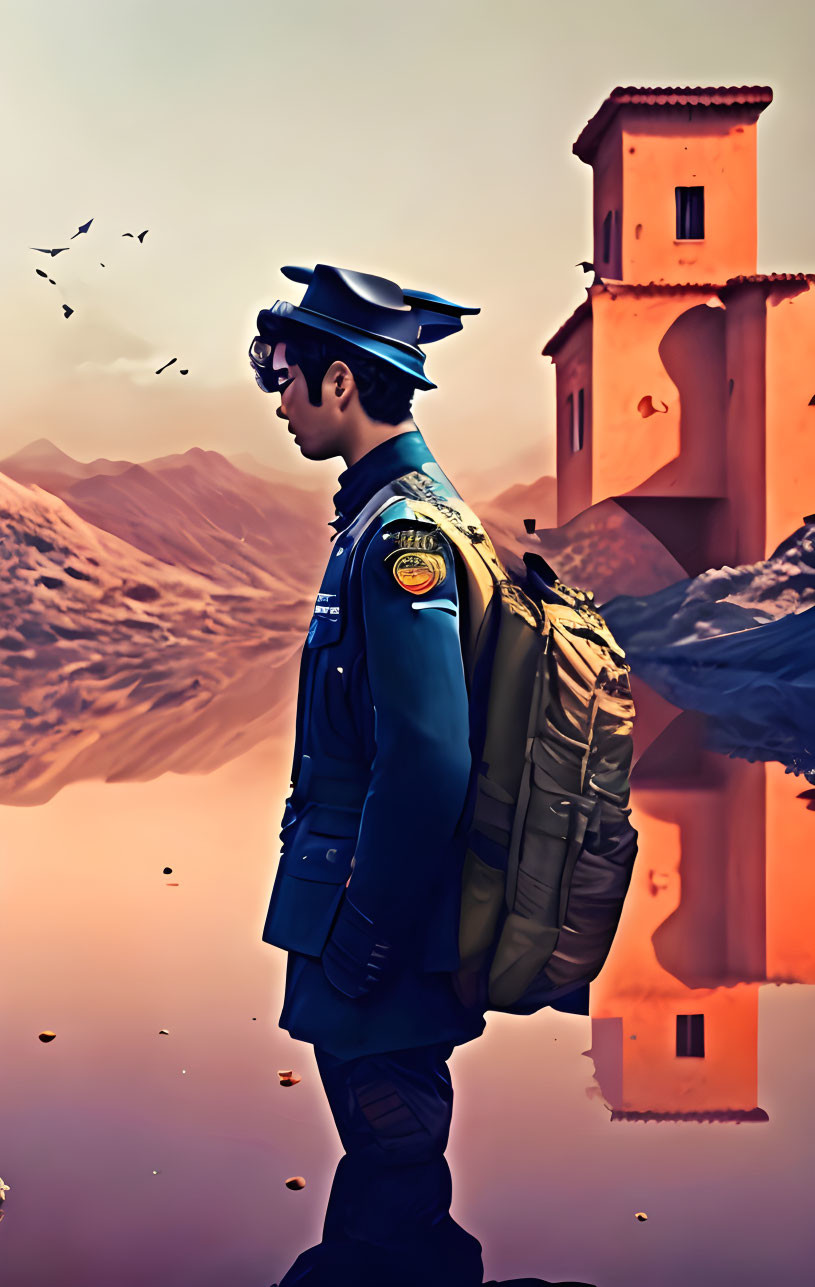 Stylized police officer in uniform with backpack gazing at sunset scenery