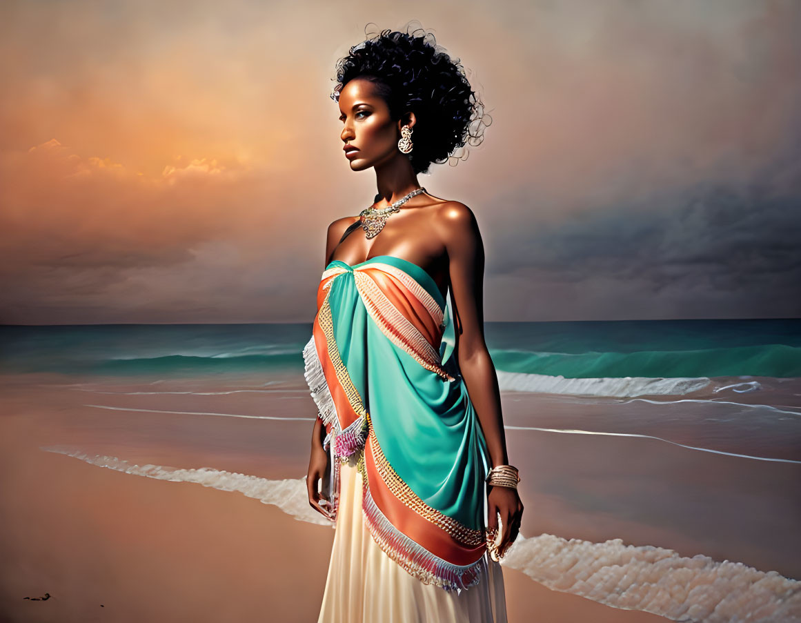 Woman in draped dress on beach at sunset with voluminous hair and striking jewelry