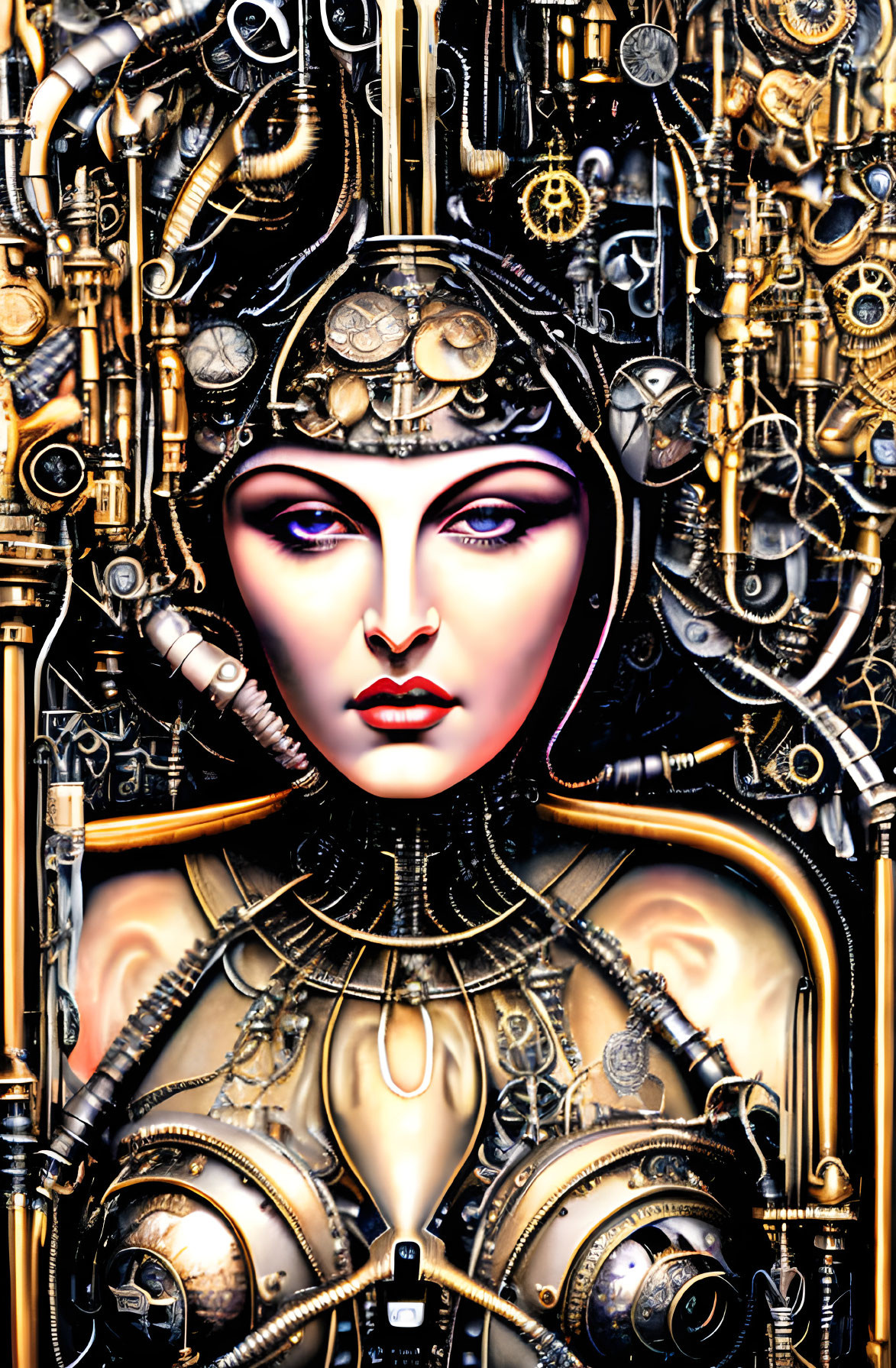 Detailed Steampunk Female Figure Illustration with Mechanical Elements