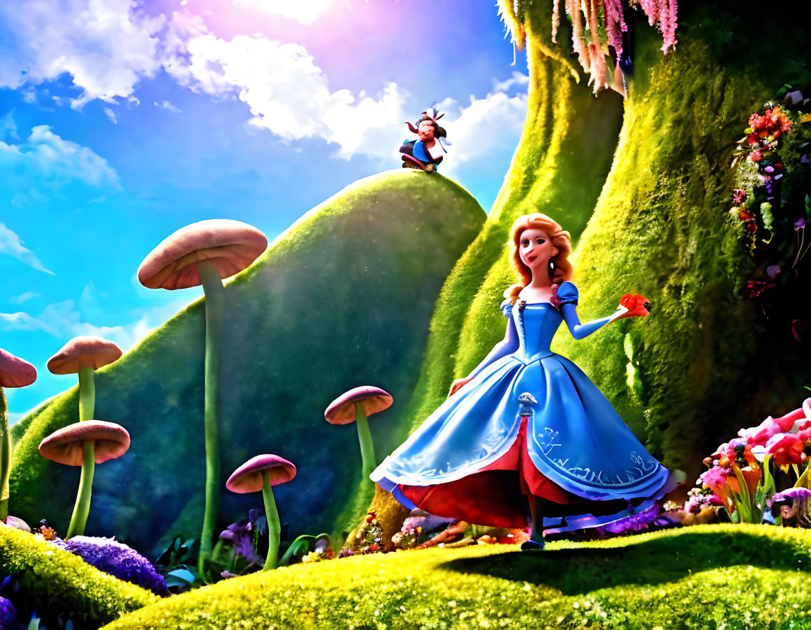 Colorful animated scene with woman in blue dress and man in fantastical landscape.