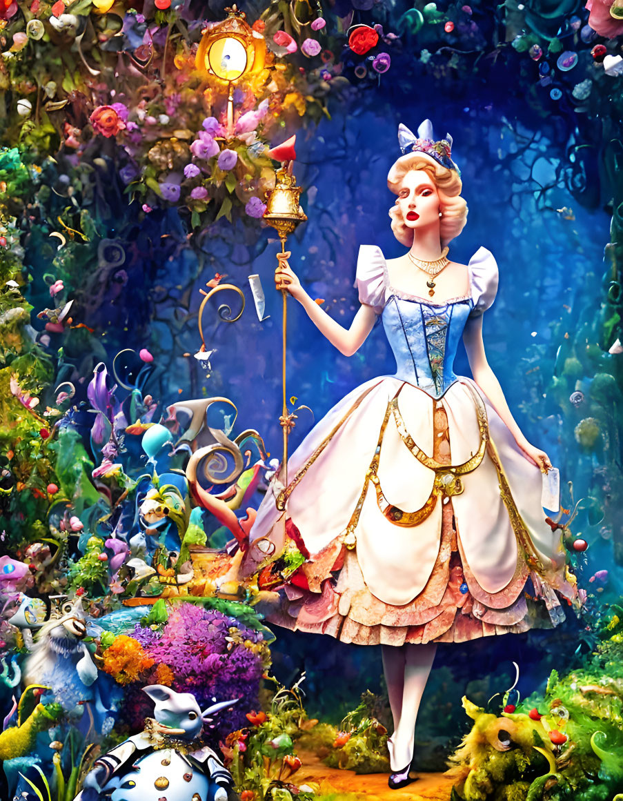 Elaborate Alice in Wonderland costume with scepter in whimsical setting