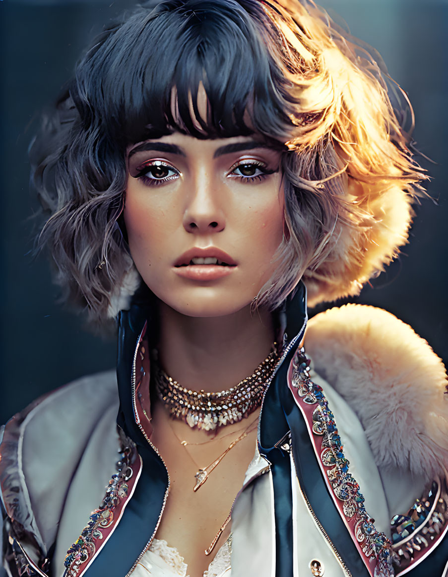 Short Wavy Hairstyle, Fur Trim Jacket & Layered Necklaces Portrait