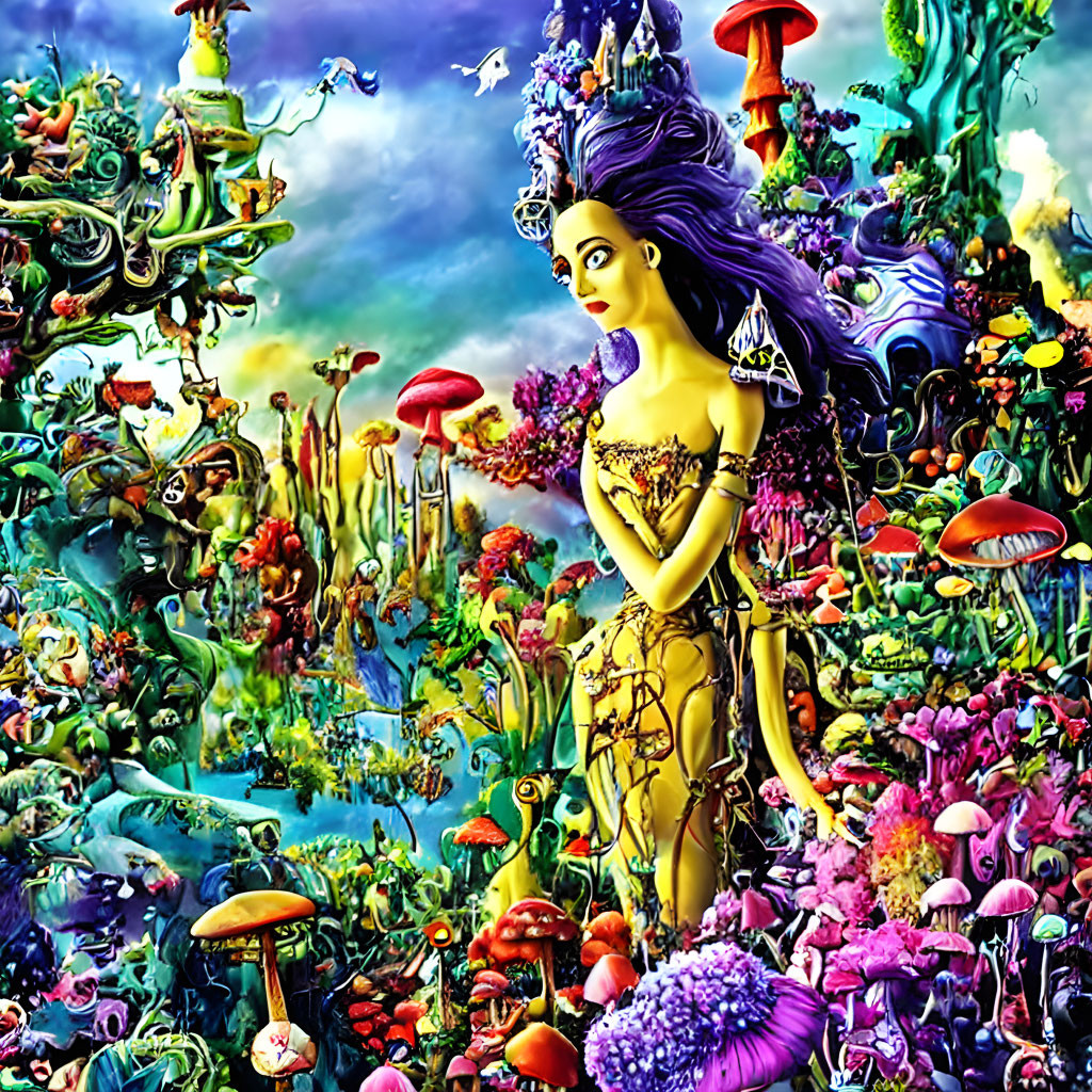 Colorful Psychedelic Fantasy Landscape with Female Figure