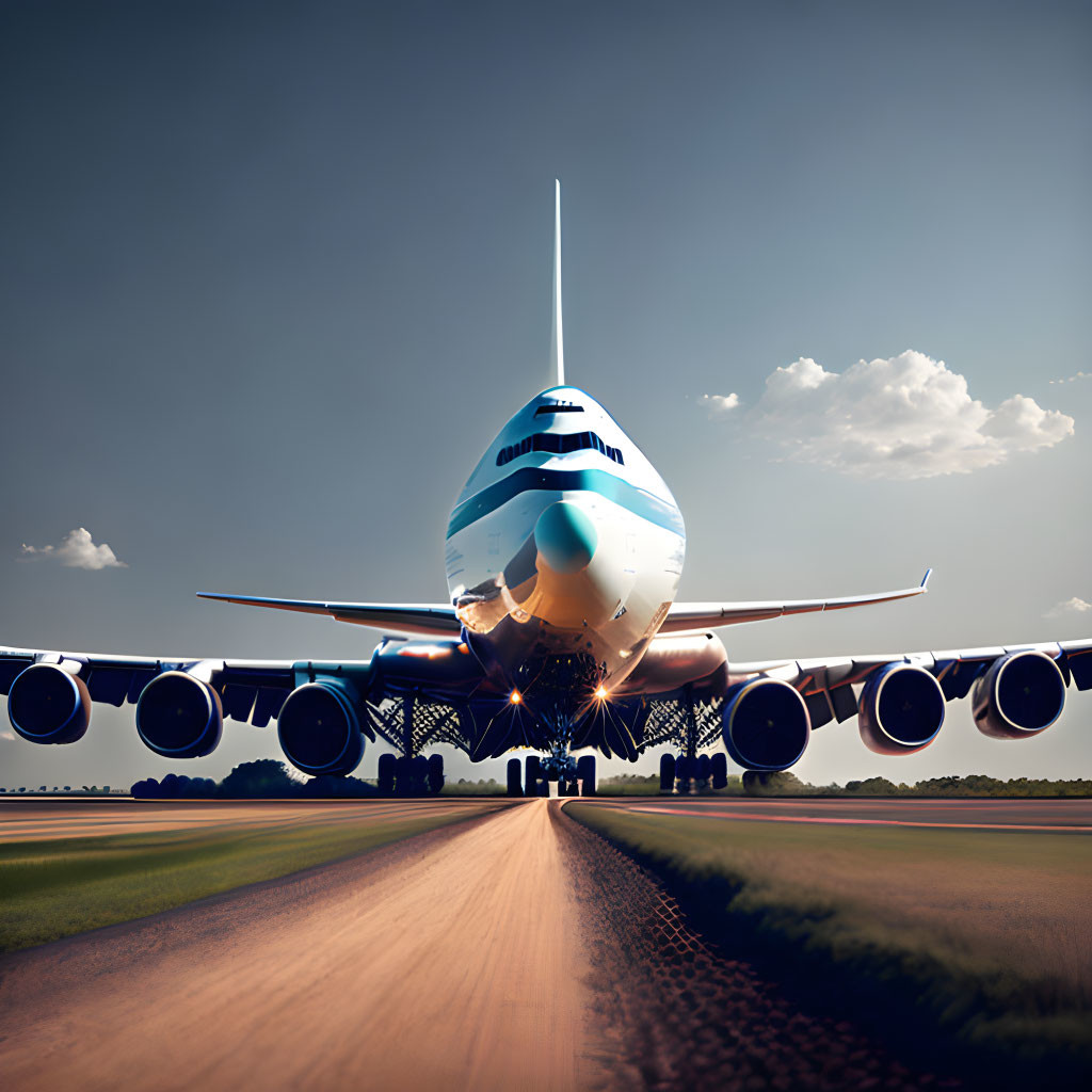 Commercial jumbo jet on runway with landing gear down under clear sky