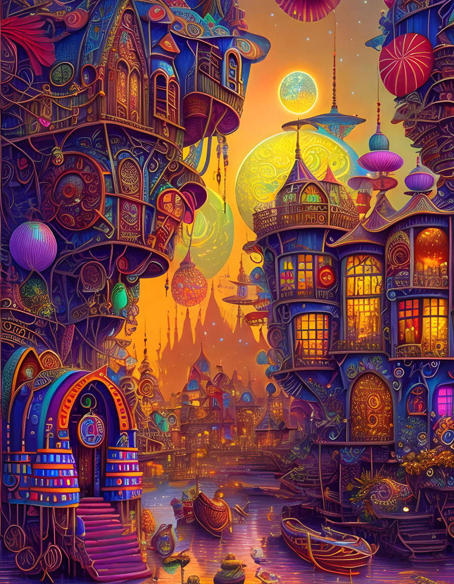 Colorful cityscape at sunset with intricate buildings, floating lanterns, and ornate boats