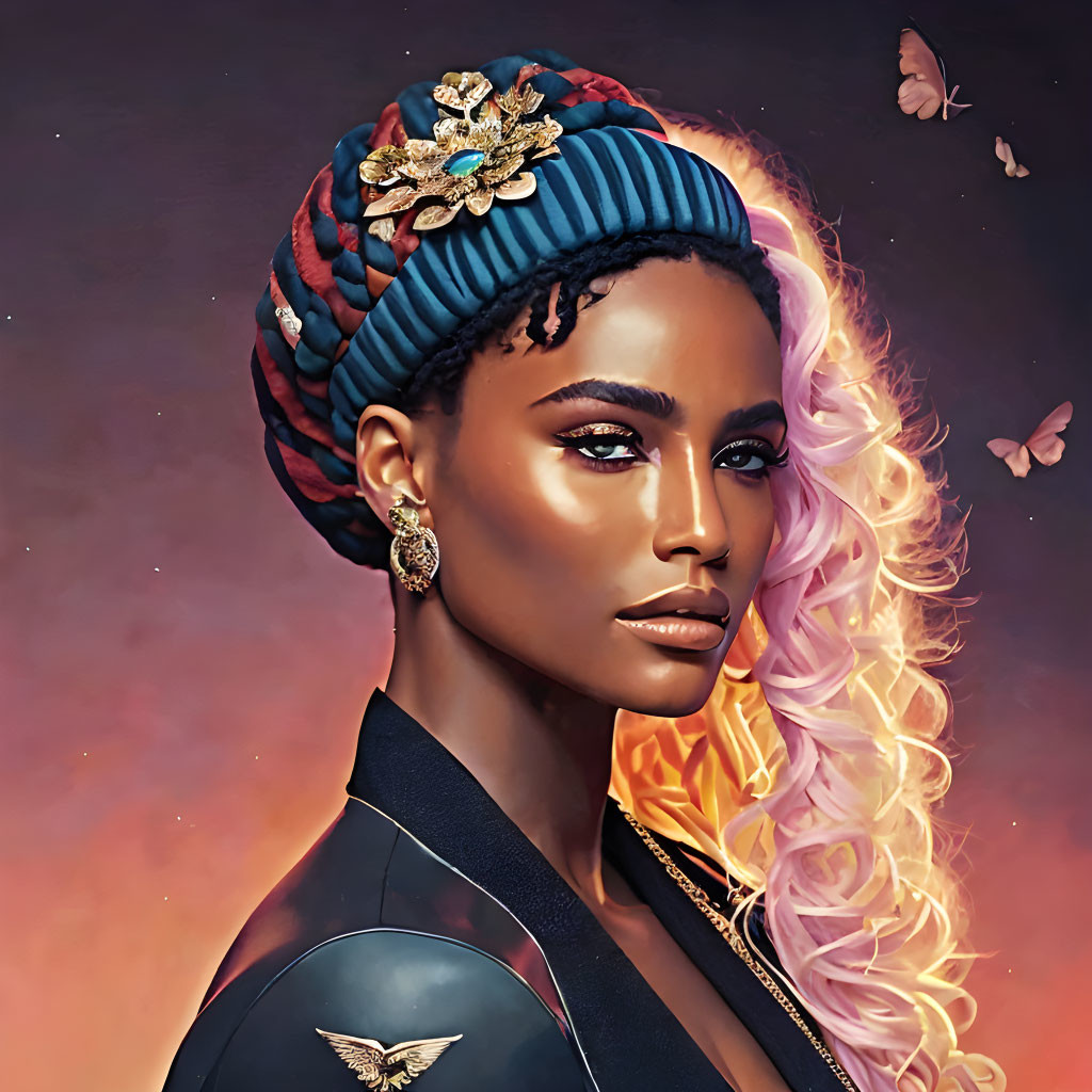 Portrait of woman with ombre pink hair, colorful headwrap, golden earrings, and butterflies.