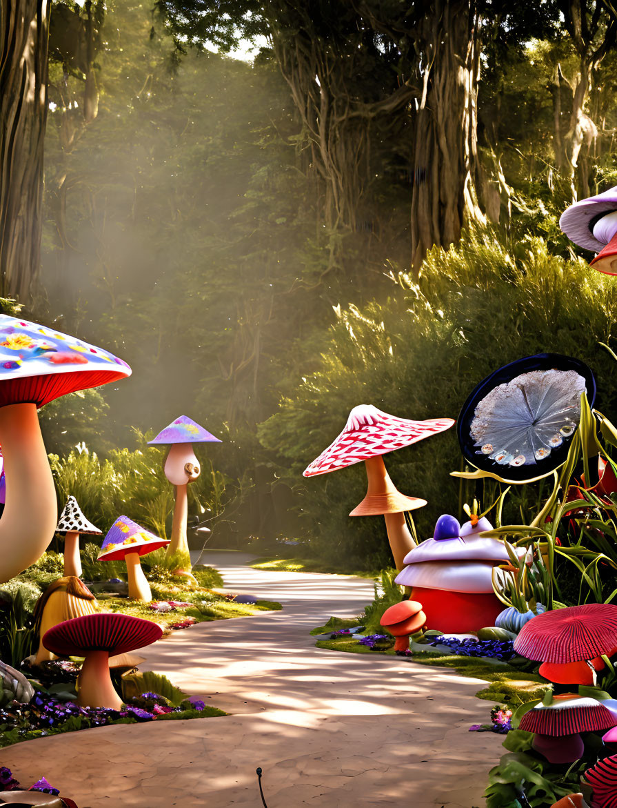 Colorful Mushrooms Along Whimsical Forest Path