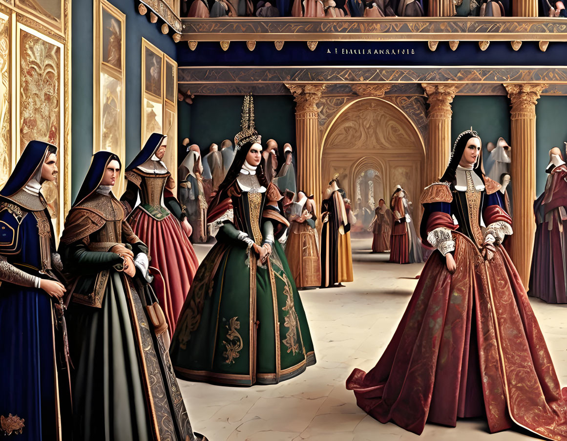 Renaissance women in elegant attire in a grand hall with ornate decor