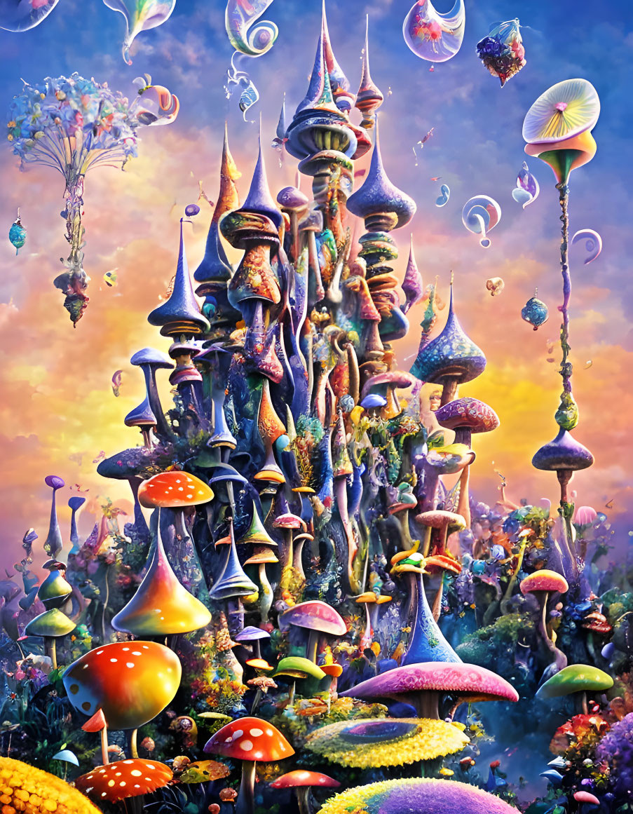 Fantastical mushroom castle with floating jellyfish and whimsical flora