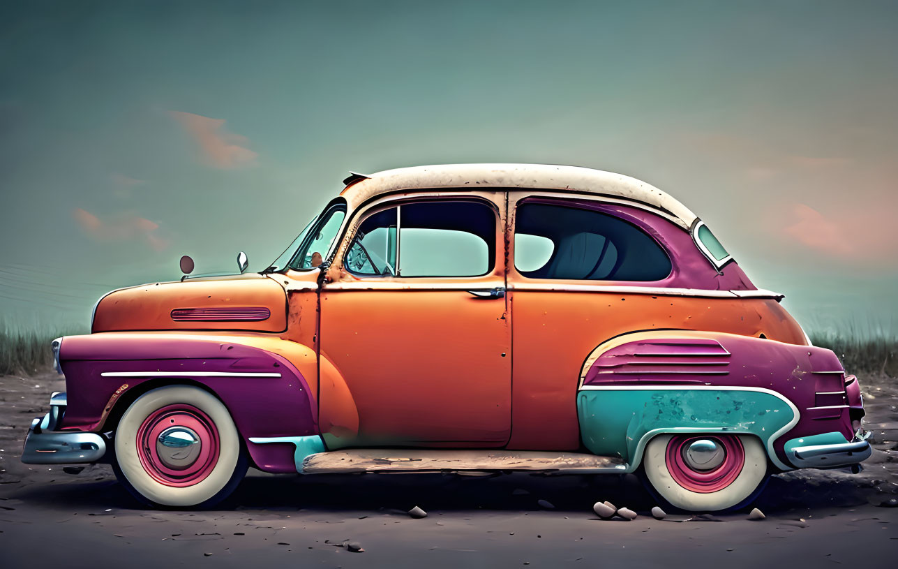 Vintage two-tone car with white-wall tires in barren landscape at dusk