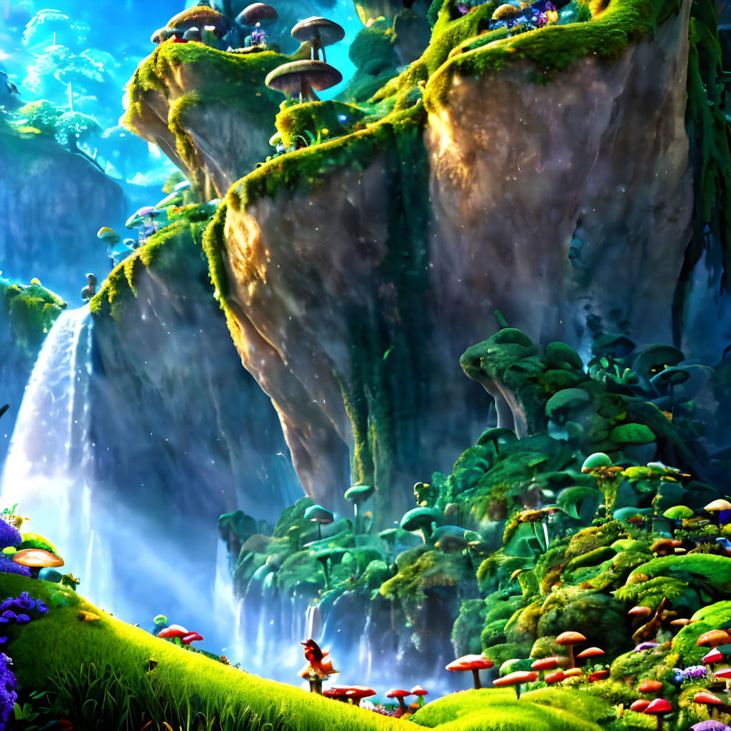 Colorful Mushroom Landscape with Waterfalls and Character