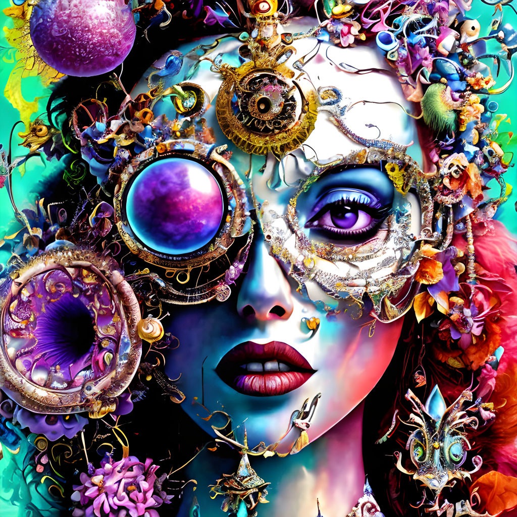 Digital artwork: Woman's face with mechanical, floral elements, gears, and cosmic motifs.