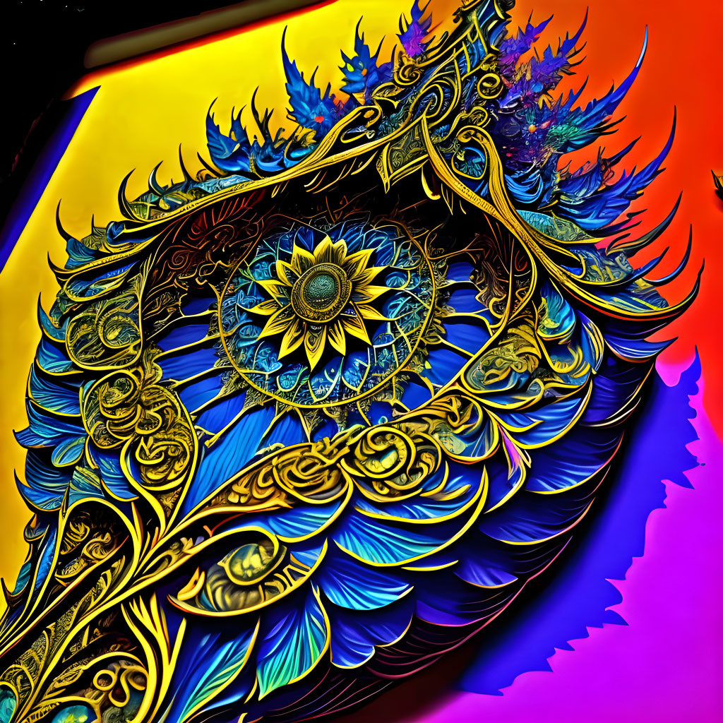 Colorful digital artwork: stylized feather with golden patterns and blue eye design