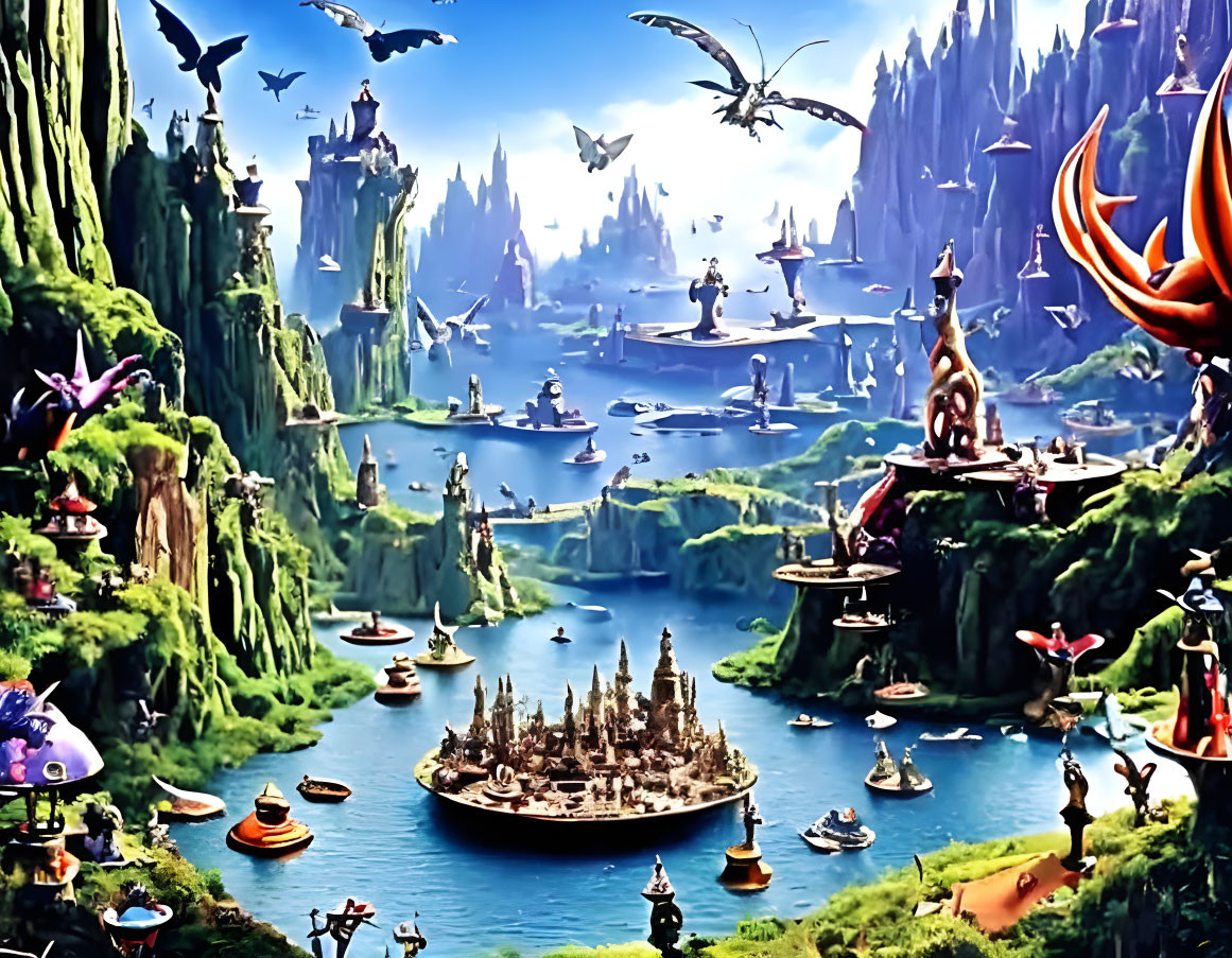 Colorful flying creatures, floating islands, ornate city in vibrant landscape