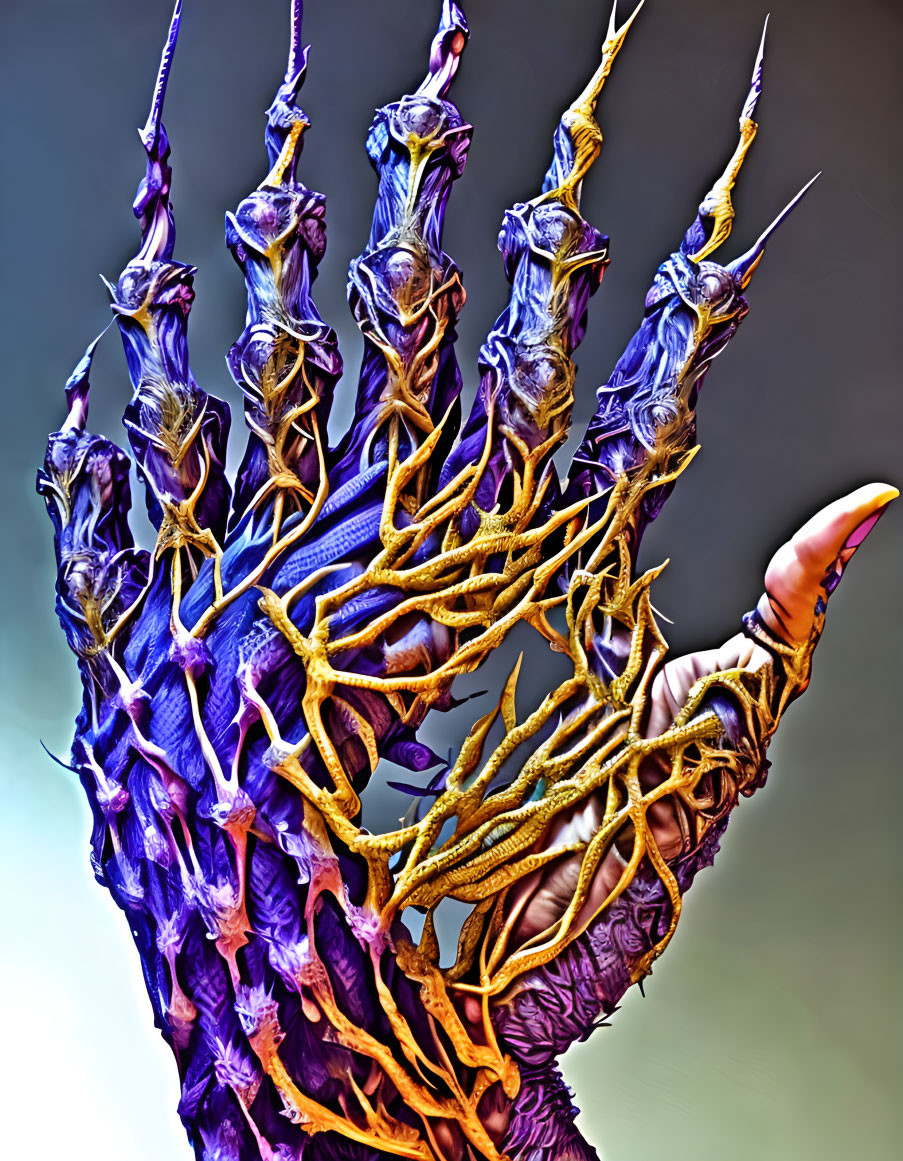 Vividly colored digital image: Human hand with intense veins morphing into branches