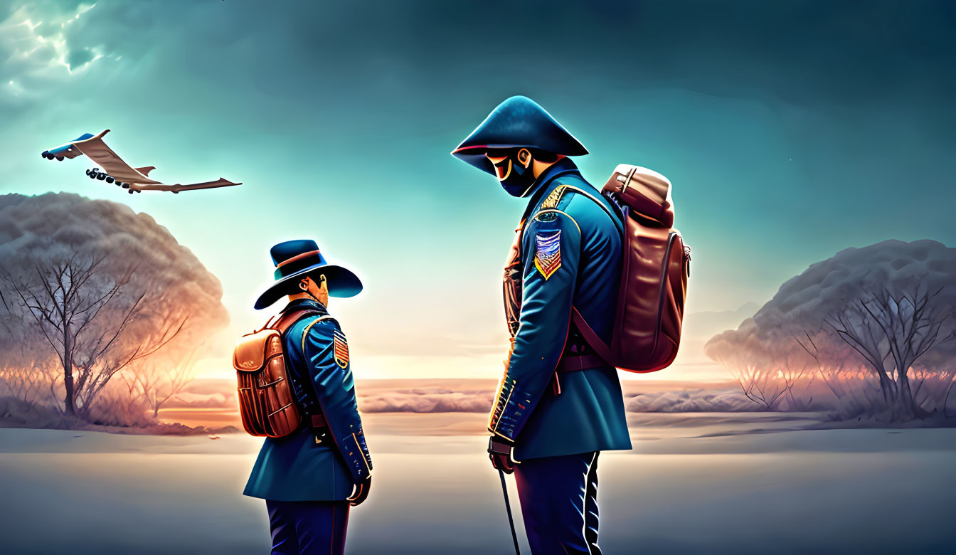 Stylized characters in uniform watch plane over surreal landscape