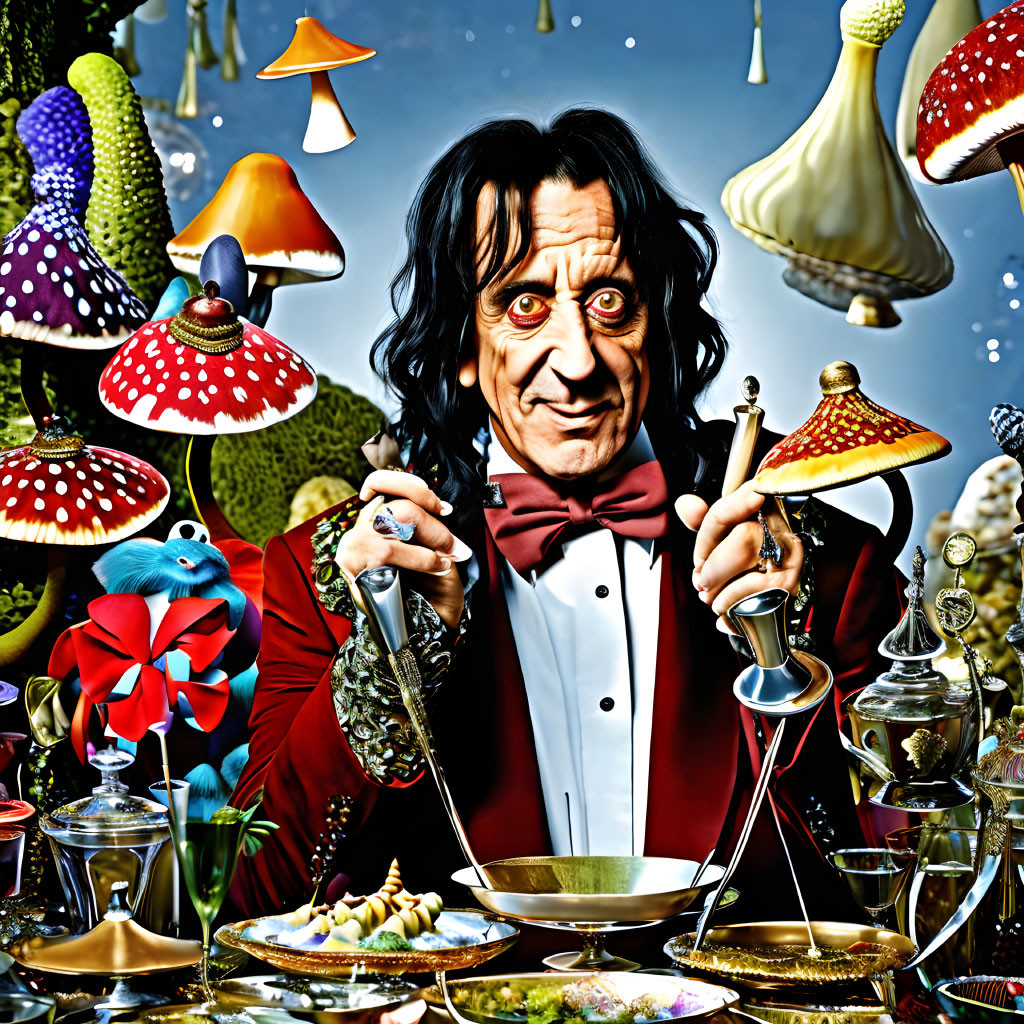 Whimsical man in red bow tie with colorful mushrooms and fancy tableware