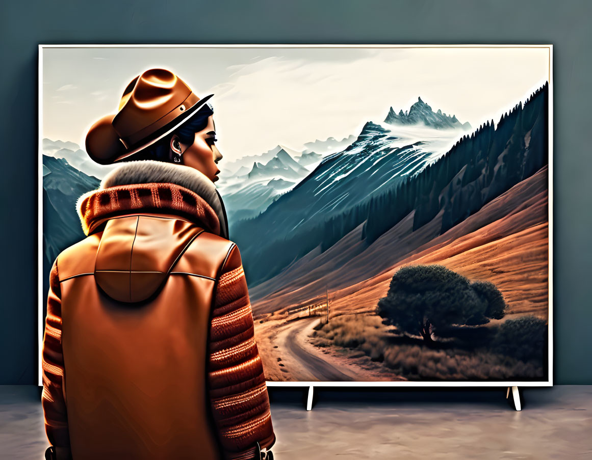 Person in Orange Jacket and Hat Contemplating Mountain Landscape on TV