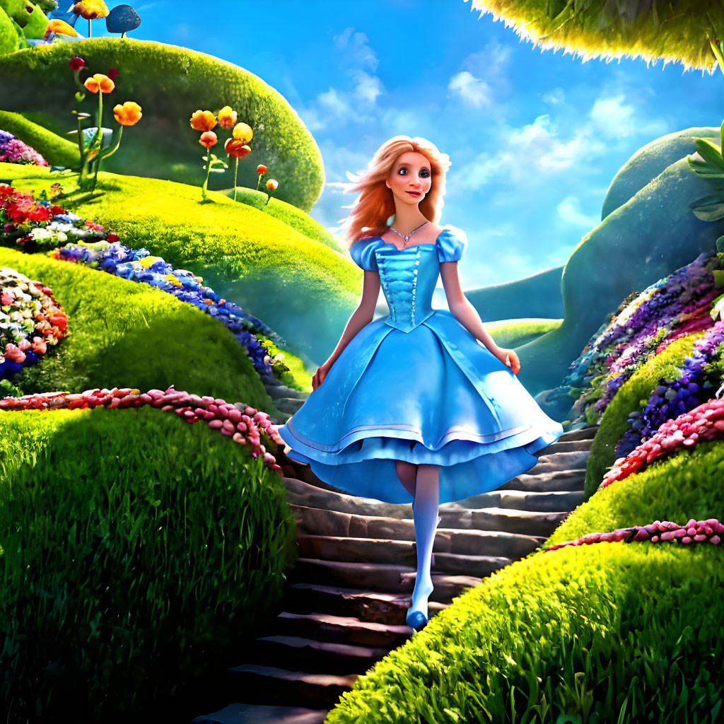 Colorful illustration: Young woman in blue dress strolling through vibrant garden.