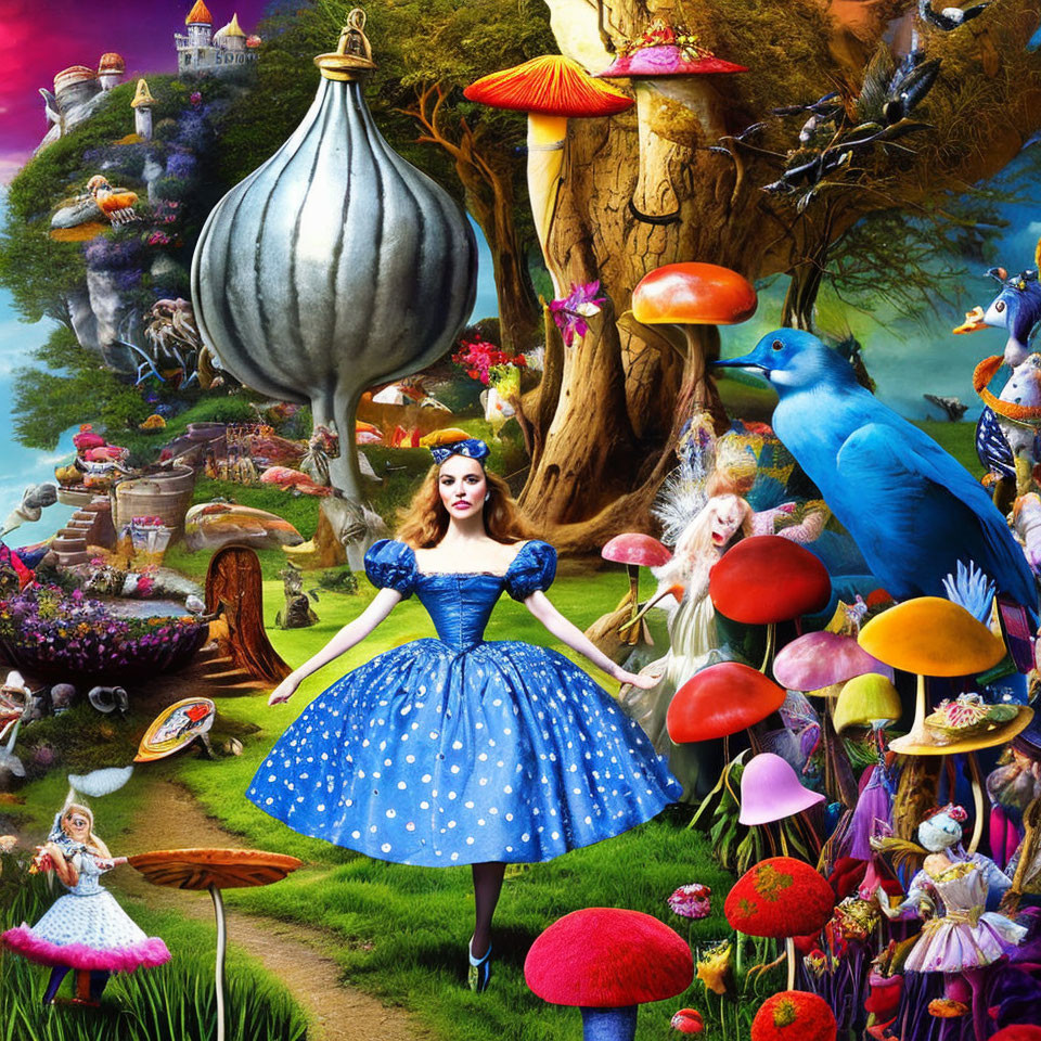 Fantastical woman in blue dress with magical creatures and castles