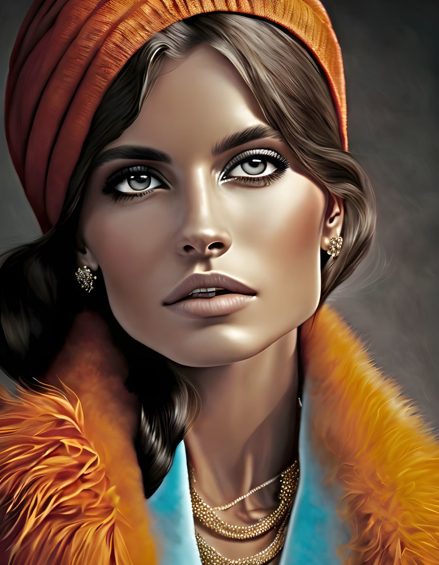 Detailed digital portrait of woman in headscarf, fur-trimmed coat & earrings.