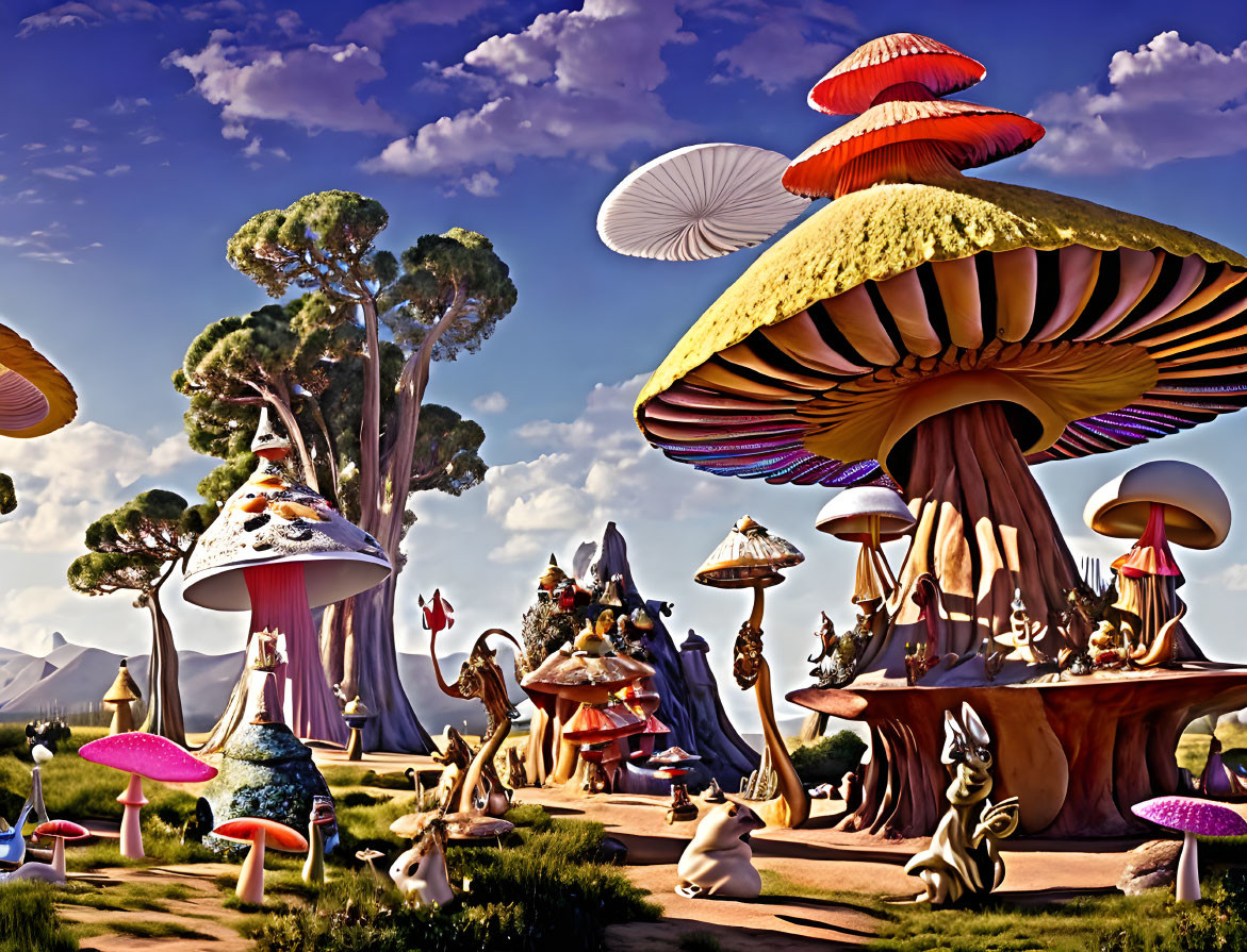 Fantasy landscape with oversized mushrooms, anthropomorphic trees, and whimsical creatures