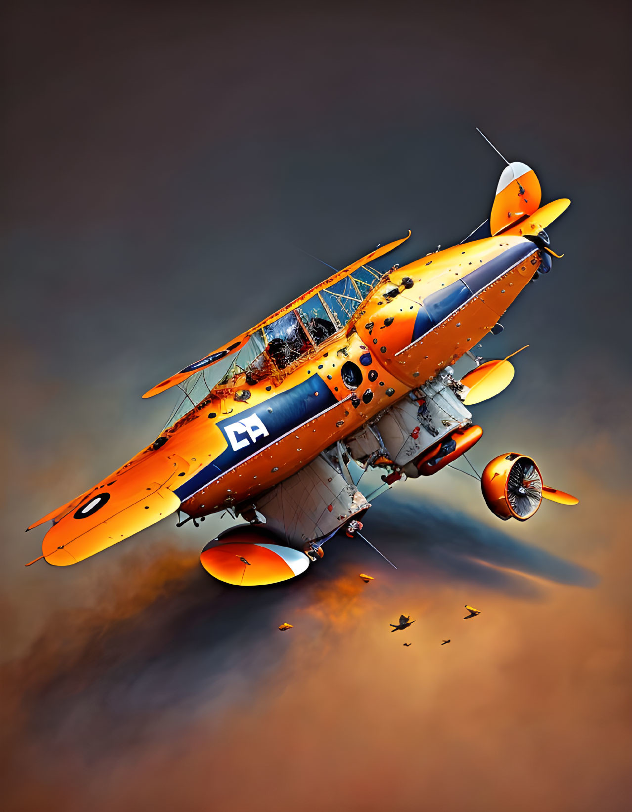 Vintage Orange Biplane with Blue Accents Flying in Dramatic Sky