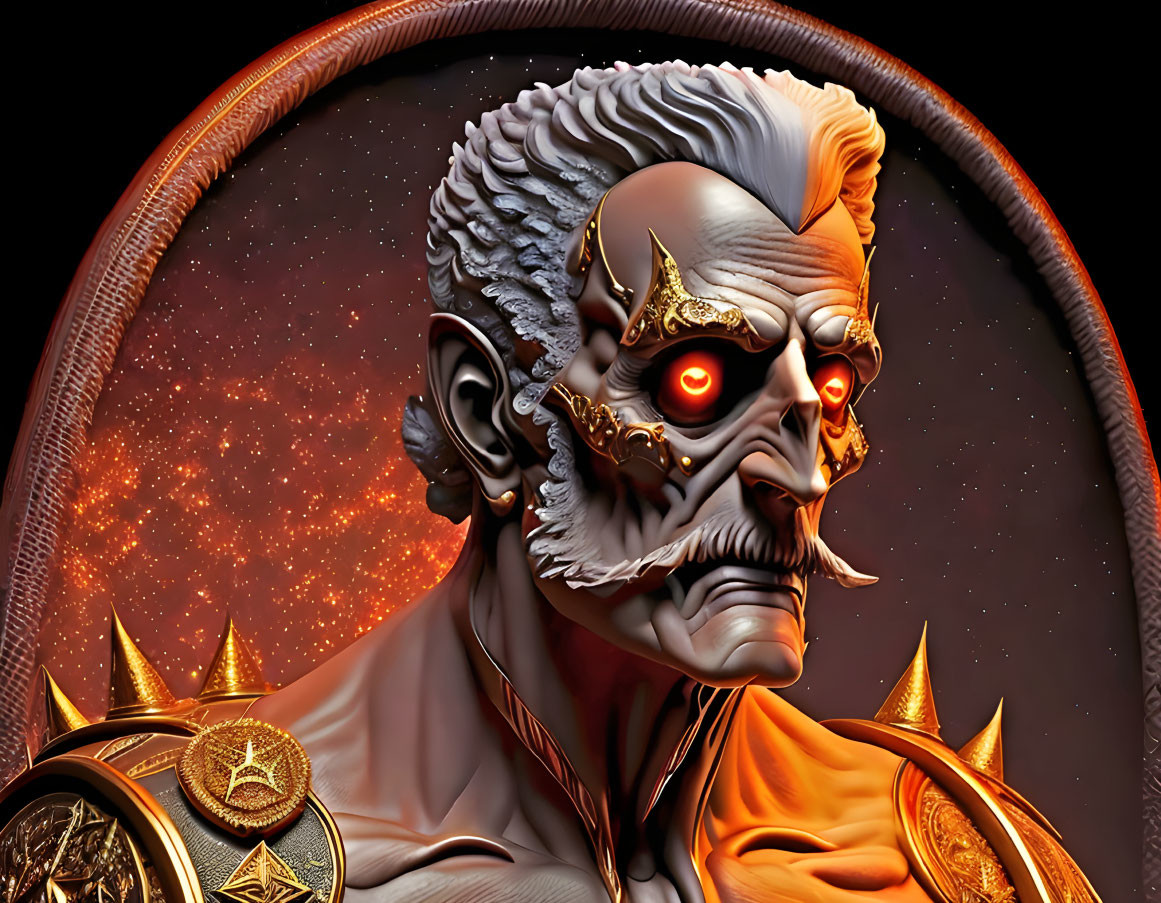 Menacing character with red eyes, golden skull mask, white hair, and ornate gold accessories