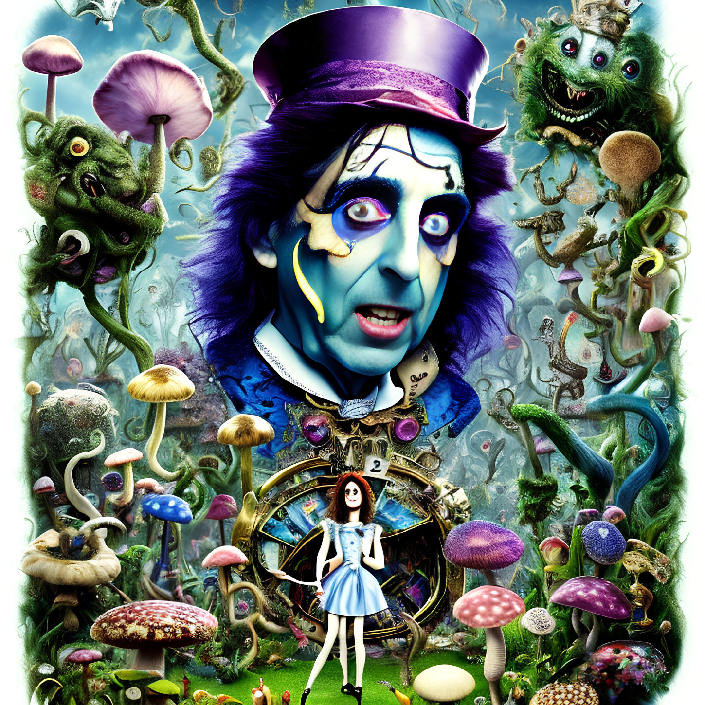 Colorful "Alice in Wonderland" character collage with Mad Hatter, Alice, Cheshire Cat,