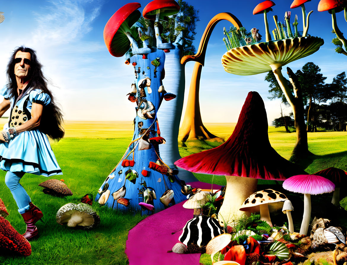 Surreal landscape with vibrant mushrooms and person in blue costume