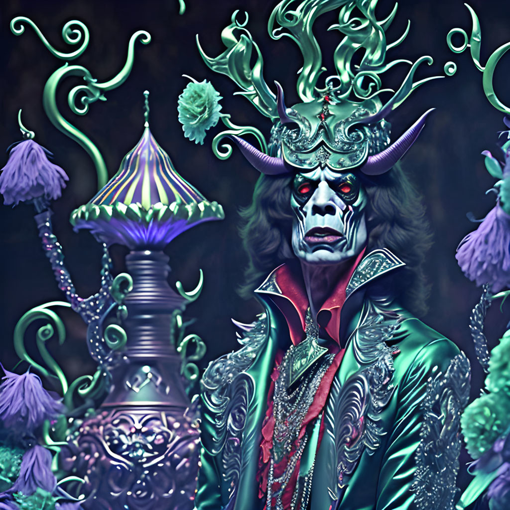 Horned Figure Surrounded by Green Spirals and Purple Flora