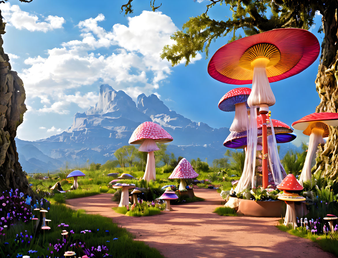 Colorful Mushroom Fantasy Landscape with Mountains and Blue Sky