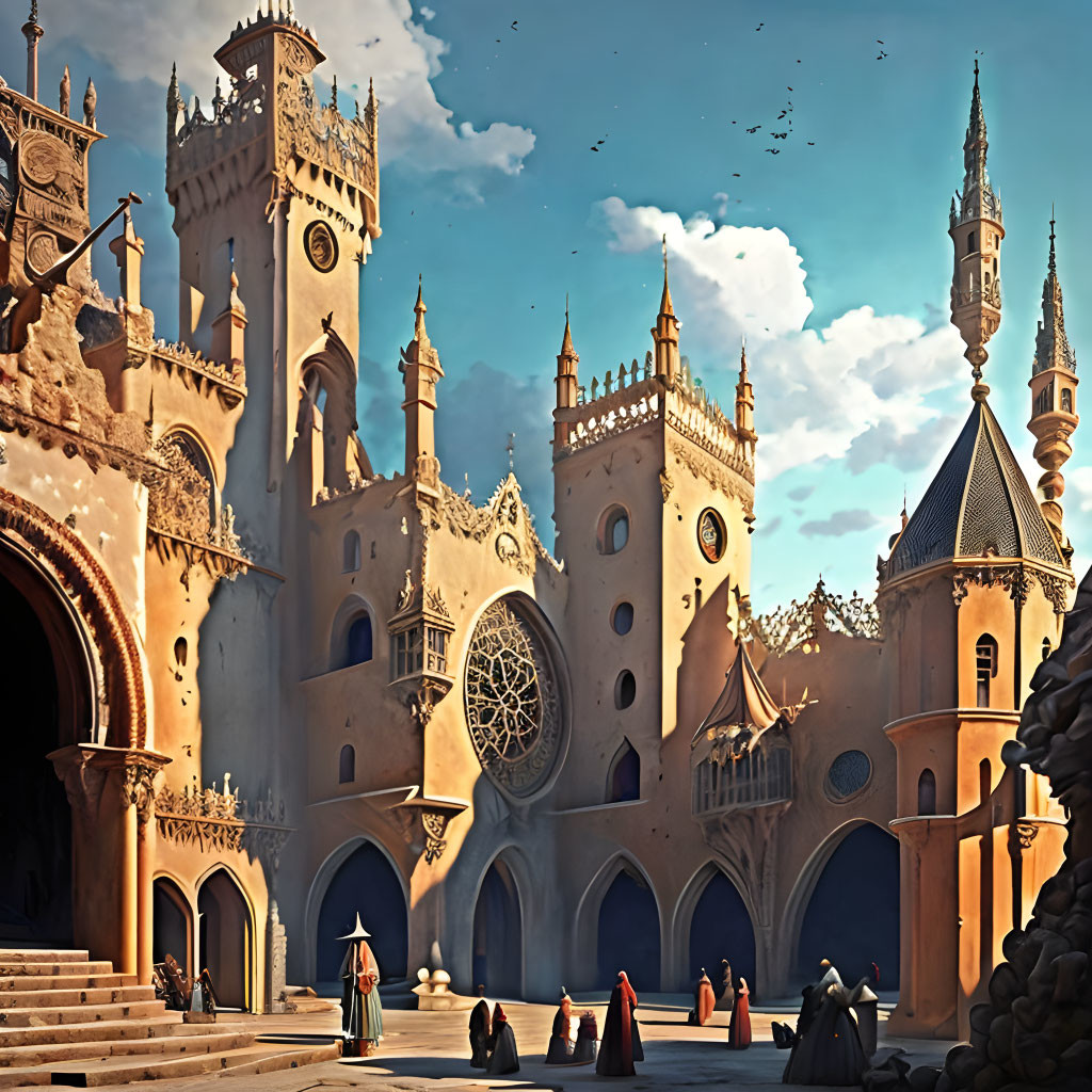 Fantasy castle digital artwork with soaring spires and cloaked figures