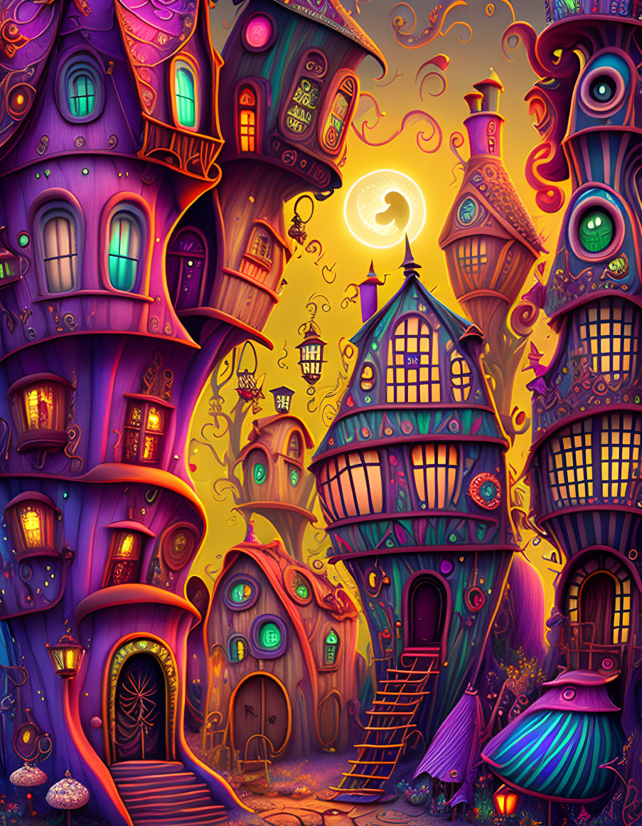 Colorful, whimsical houses under crescent moon in purple sky