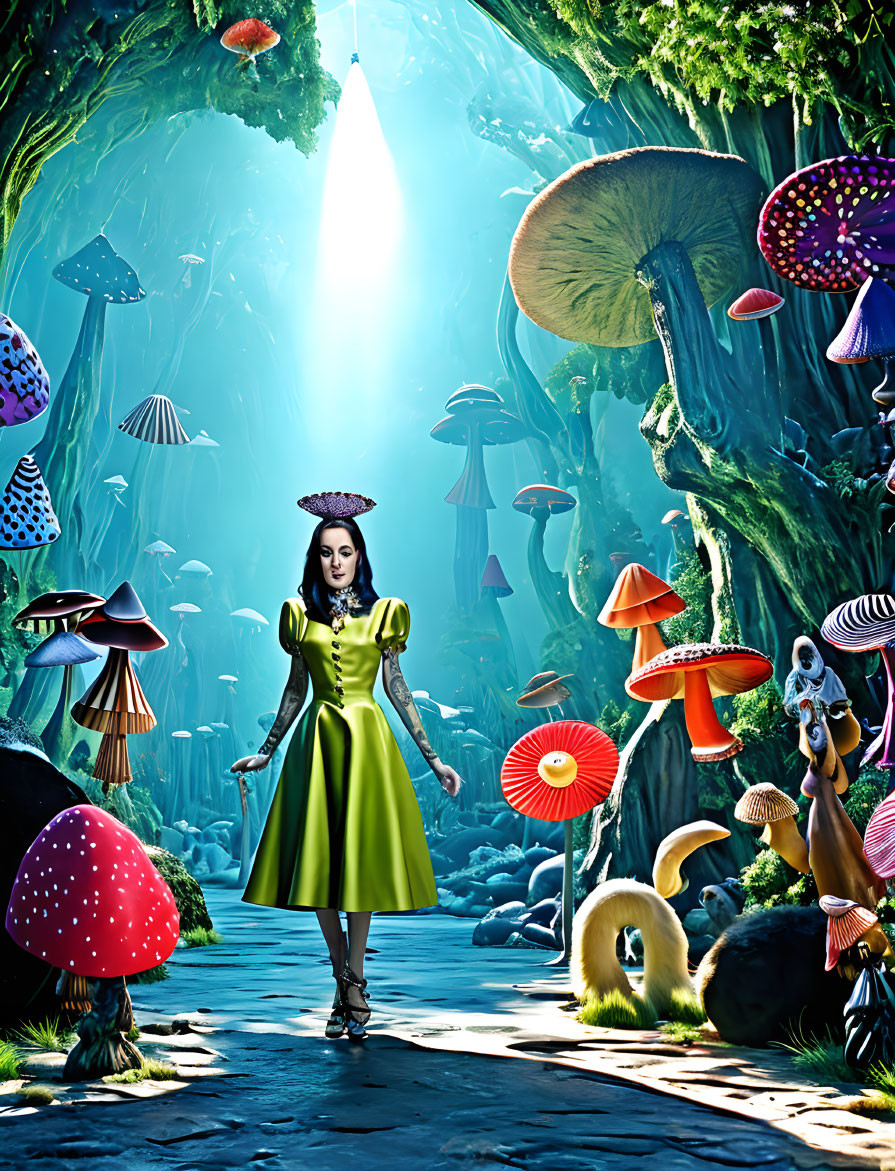 Woman in Yellow Dress Surrounded by Colorful Mushrooms in Fantastical Forest