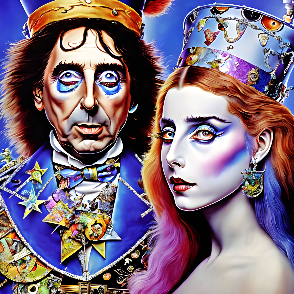 Vibrant illustration of man and woman in whimsical costumes