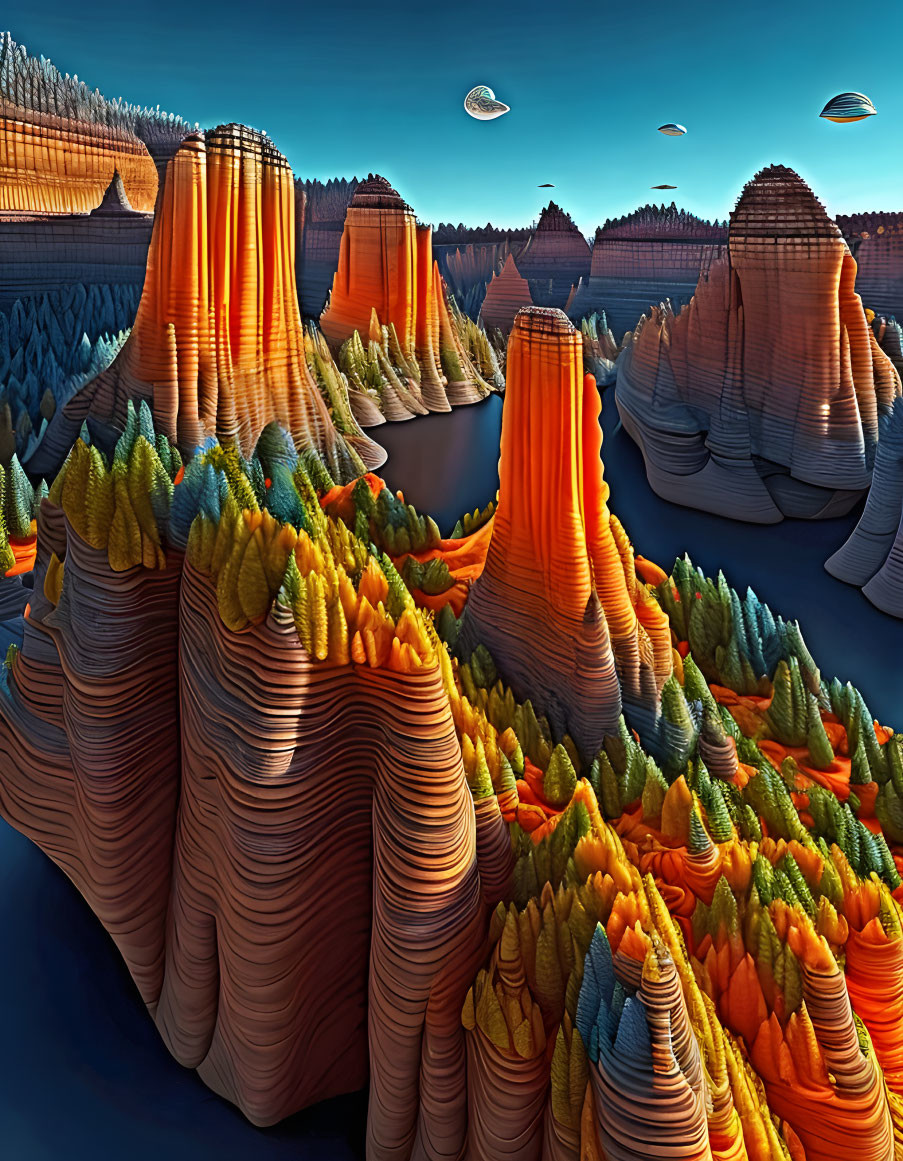 Vibrant surreal landscape with layered rock formations and UFOs